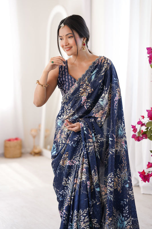 Navy Blue Floral Digital Printed Linen Saree with Designer Lace Border
