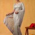 Silver Grey Organza Silk Saree Floral Embroidery and Designer Border