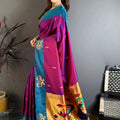 Magenta Teal Blue Soft Silk Paithani Saree Peacock Designer Pallu