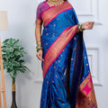 Royal Blue Kanjivaram Silk Saree with Pink Border Gold Zari Butti Work