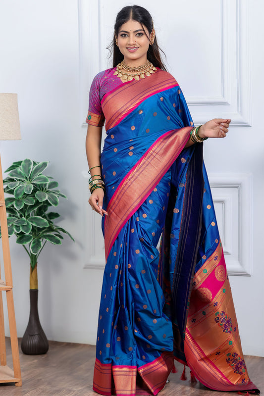 Royal Blue Kanjivaram Silk Saree with Pink Border Gold Zari Butti Work
