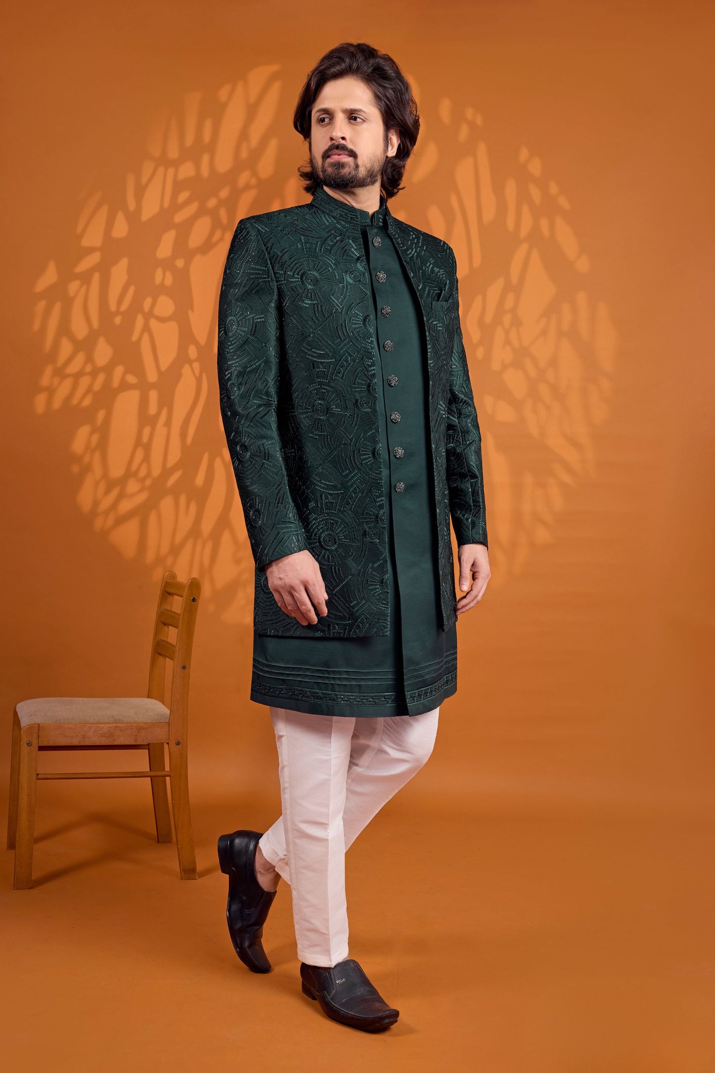 Luxury Dark Green Indo Western Sherwani for Men With Designer Jacquard Jacket