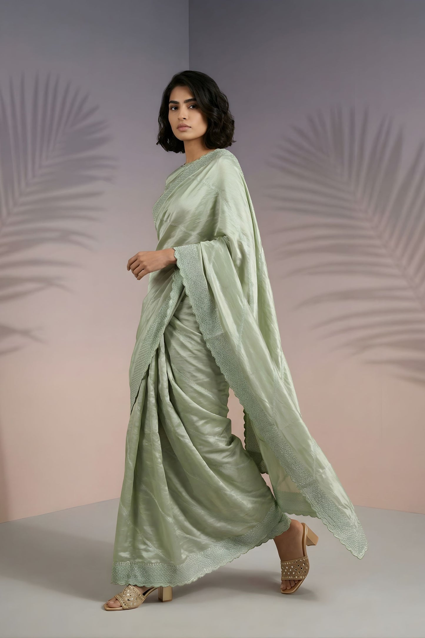 Pastel Green Silk Saree with Embroidered Border Designer Blouse