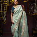  Mint Green Silk Saree with Floral Embroidered Border Designer Blouse
