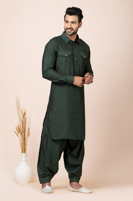 Elegant Dark Green Viscose Pathani Kurta Salwar Set for Men