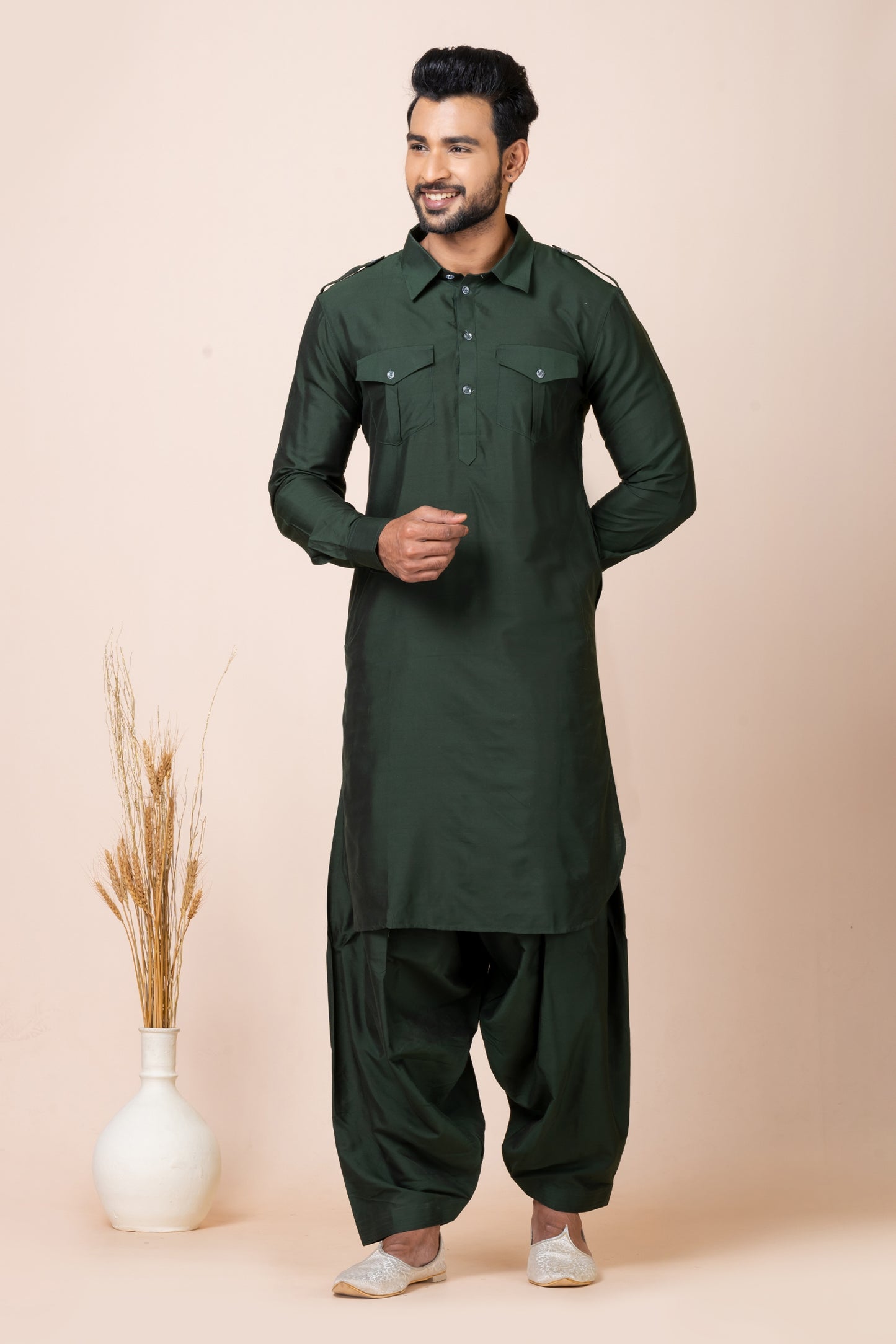 Elegant Dark Green Viscose Pathani Kurta Salwar Set for Men