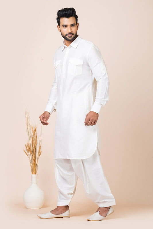 Classic White Viscose Pathani Kurta Salwar Set for Men