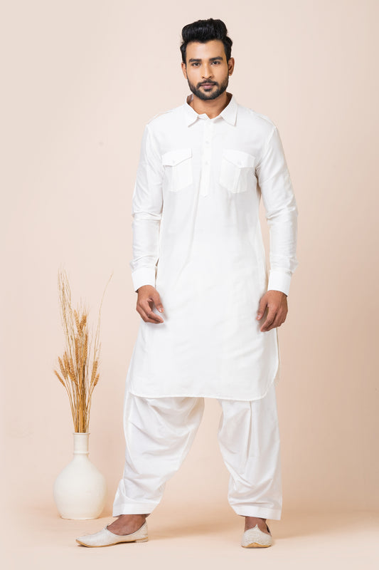 Classic White Viscose Pathani Kurta Salwar Set for Men
