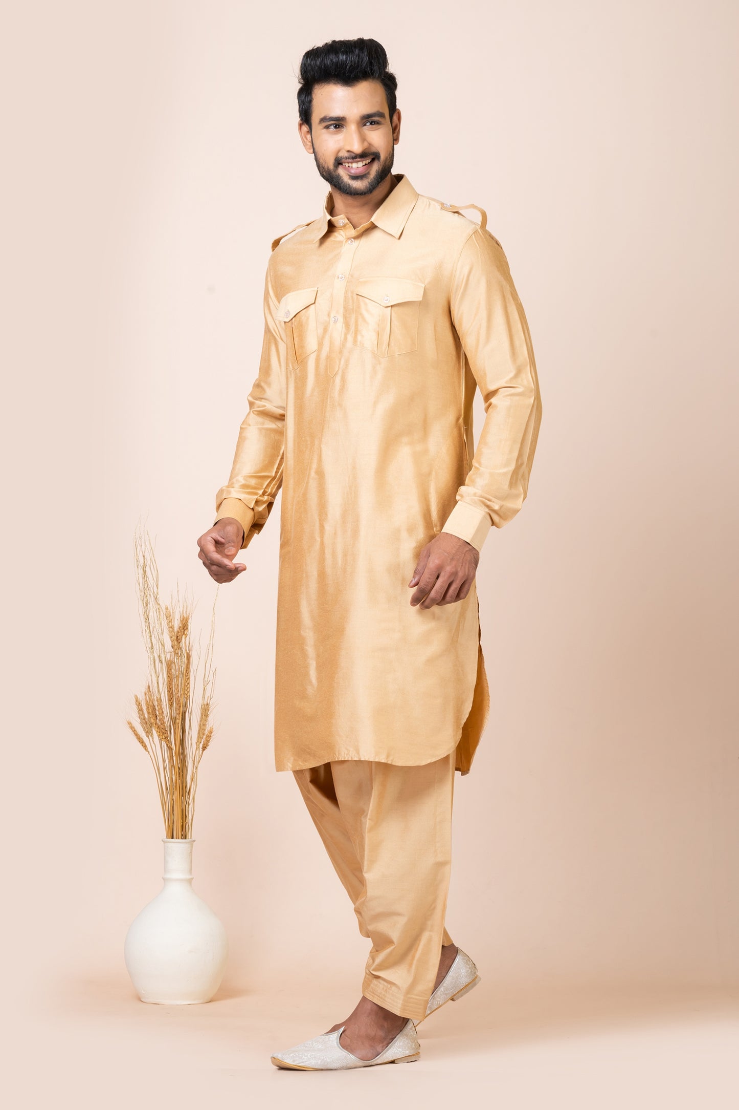 Stunning Beige Viscose Pathani Kurta Salwar Set for Men