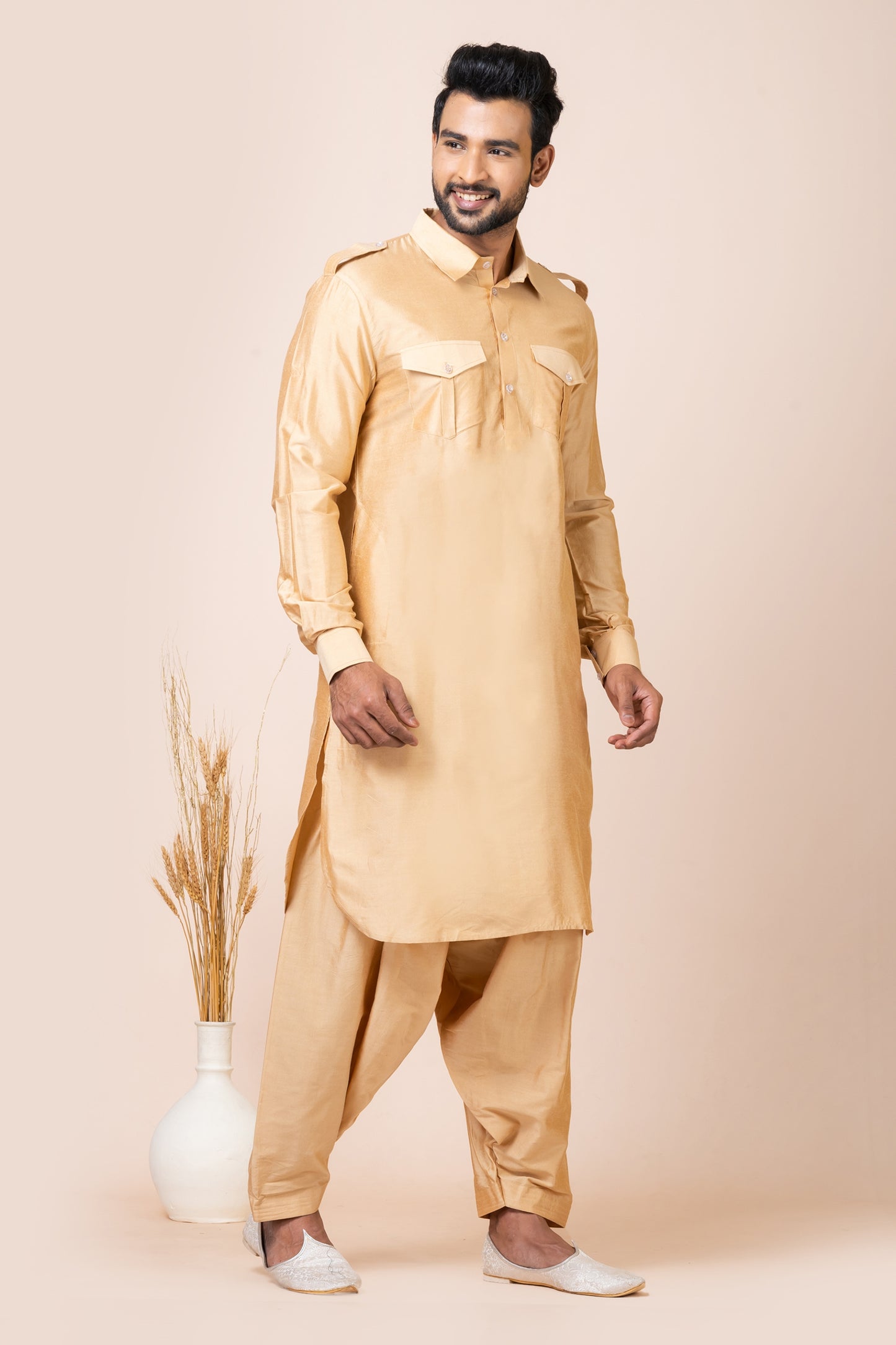 Stunning Beige Viscose Pathani Kurta Salwar Set for Men