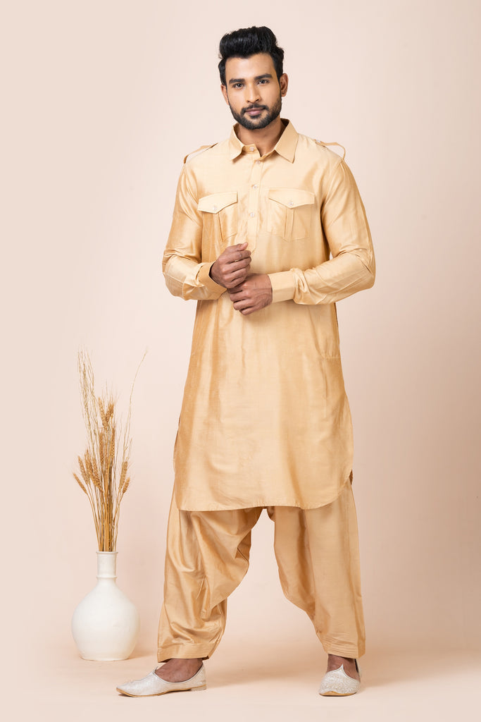 Stunning Beige Viscose Pathani Kurta Salwar Set for Men