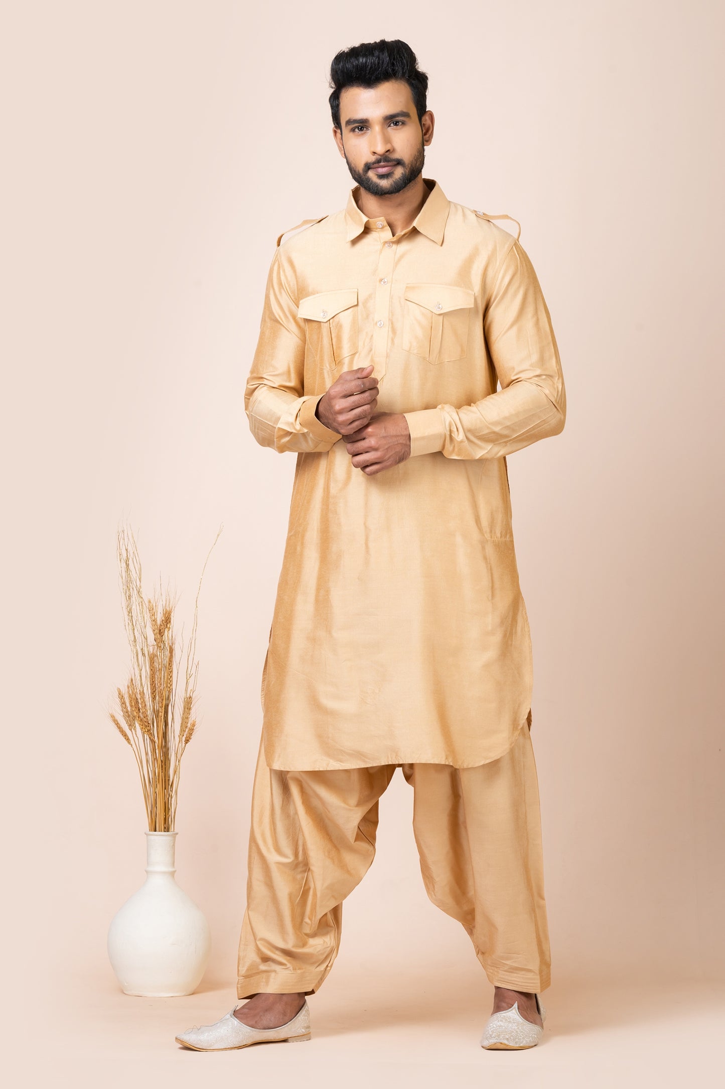 Stunning Beige Viscose Pathani Kurta Salwar Set for Men