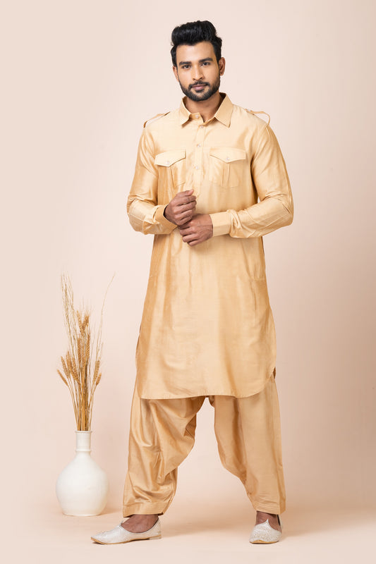 Stunning Beige Viscose Pathani Kurta Salwar Set for Men