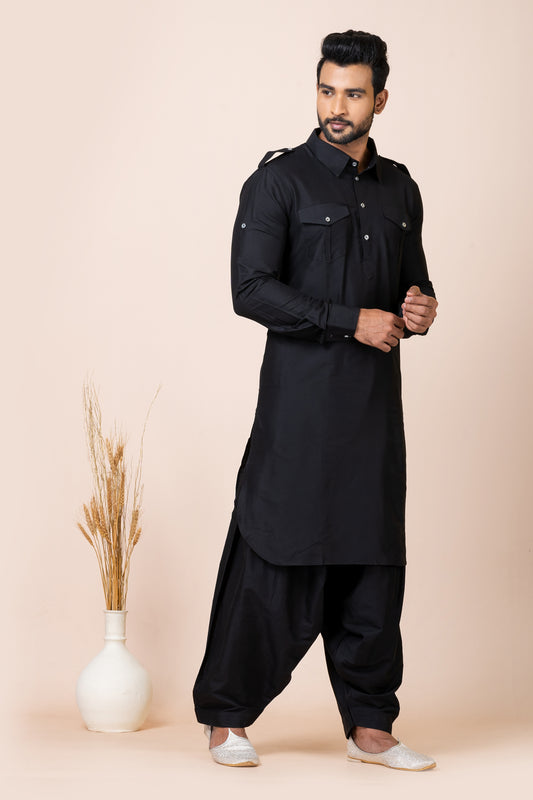 Trendy Black Viscose Pathani Kurta Salwar Set for Men