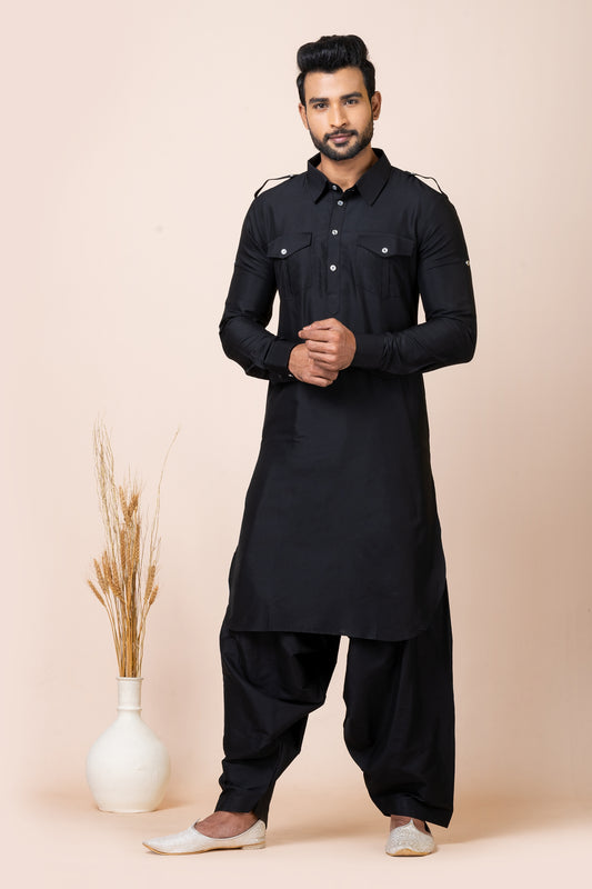 Trendy Black Viscose Pathani Kurta Salwar Set for Men