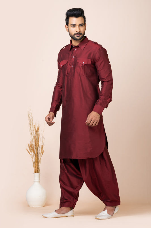 Traditonal Maroon Viscose Pathani Kurta Salwar Set for Men