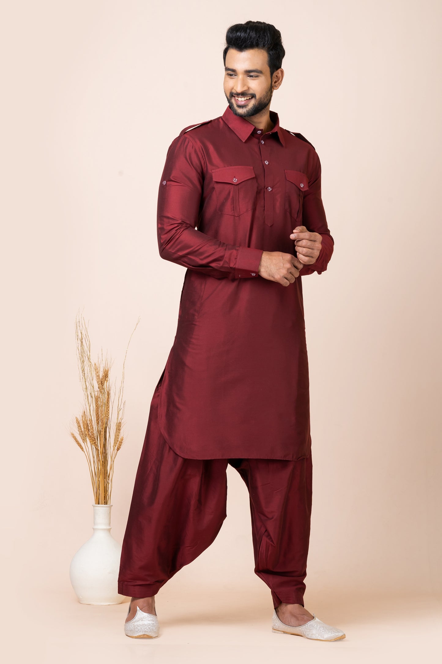 Traditonal Maroon Viscose Pathani Kurta Salwar Set for Men