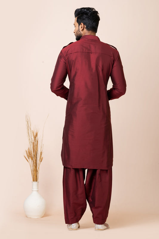 Traditonal Maroon Viscose Pathani Kurta Salwar Set for Men