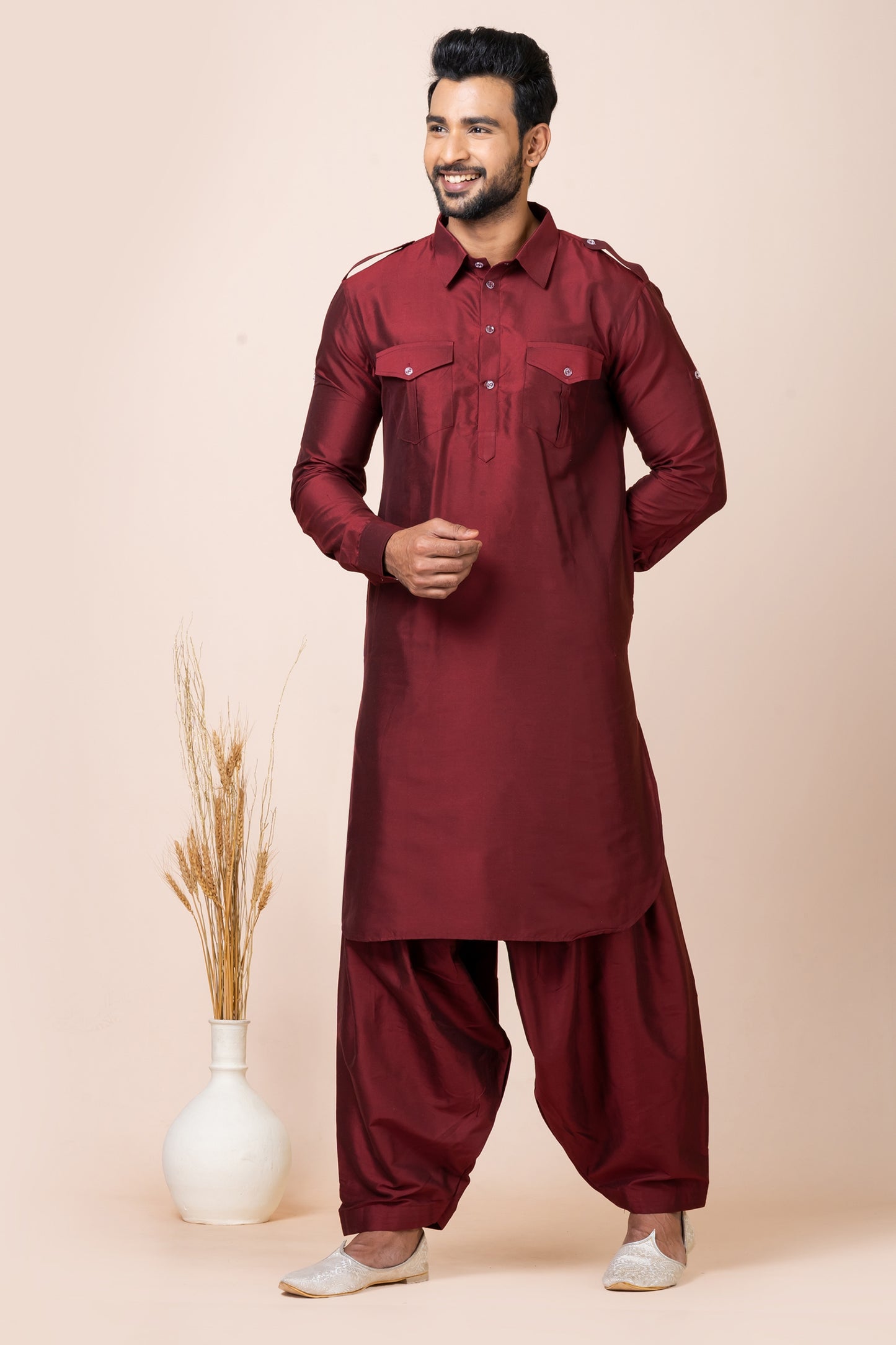 Traditonal Maroon Viscose Pathani Kurta Salwar Set for Men