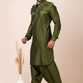 Superb Olive Green Viscose Pathani Kurta Pajama for Men