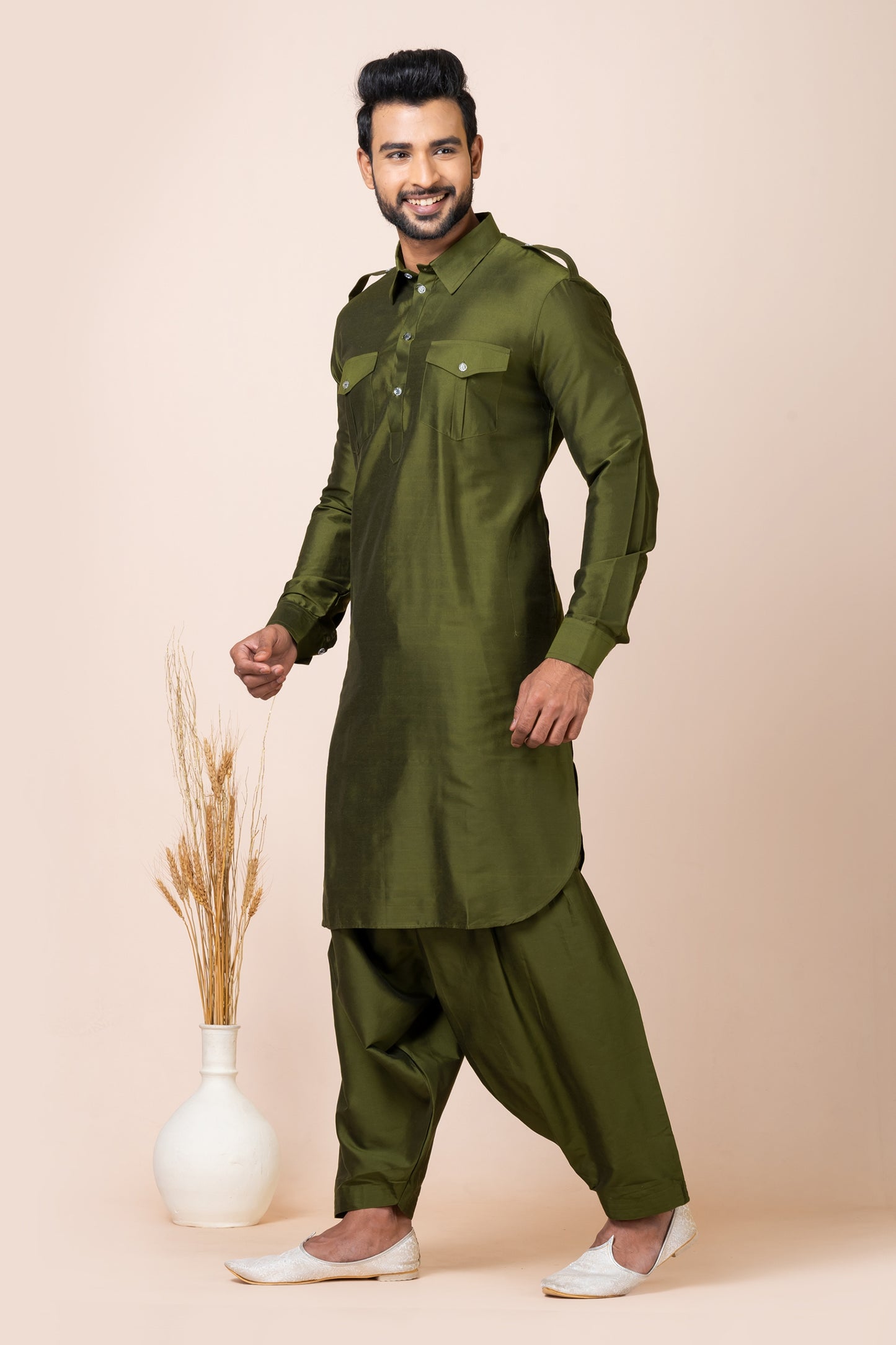 Superb Olive Green Viscose Pathani Kurta Pajama for Men