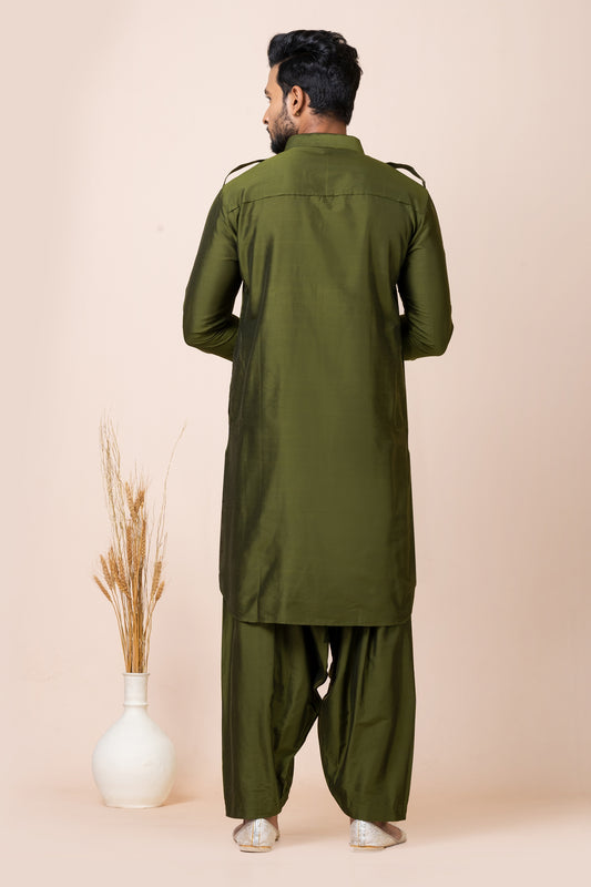 Superb Olive Green Viscose Pathani Kurta Pajama for Men