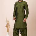 Superb Olive Green Viscose Pathani Kurta Pajama for Men