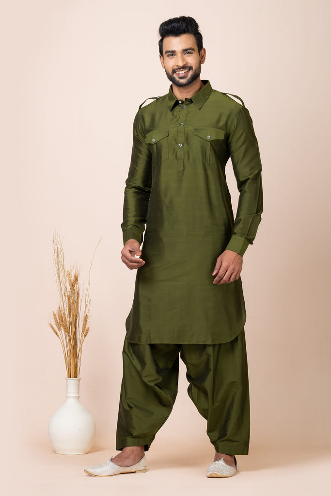 Superb Olive Green Viscose Pathani Kurta Pajama for Men