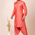 Impressive Orange Color Viscose Pathani Kurta Pajama for Men