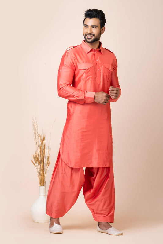 Impressive Orange Color Viscose Pathani Kurta Pajama for Men