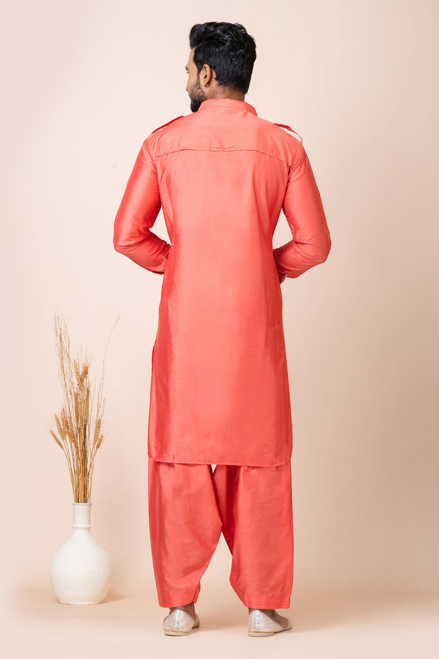 Impressive Orange Color Viscose Pathani Kurta Pajama for Men