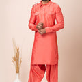 Impressive Orange Color Viscose Pathani Kurta Pajama for Men