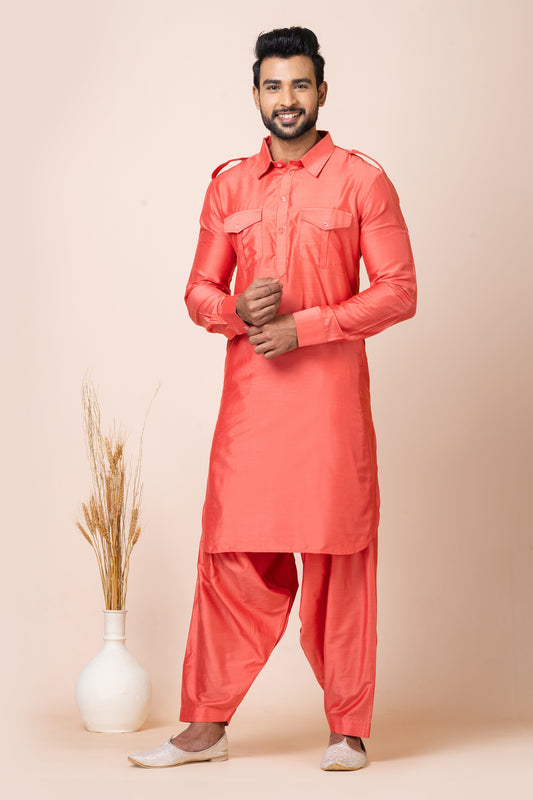 Impressive Orange Color Viscose Pathani Kurta Pajama for Men