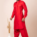 Handsome Red Color Viscose Pathani Kurta Pajama for Men