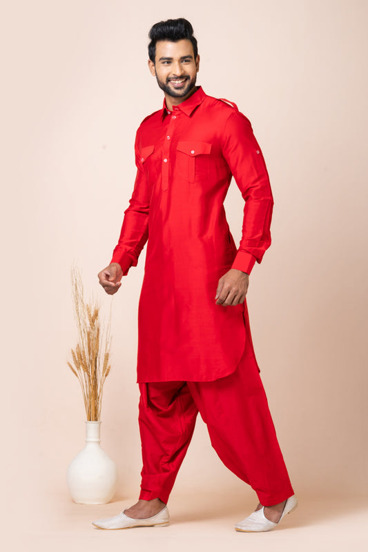 Handsome Red Color Viscose Pathani Kurta Pajama for Men