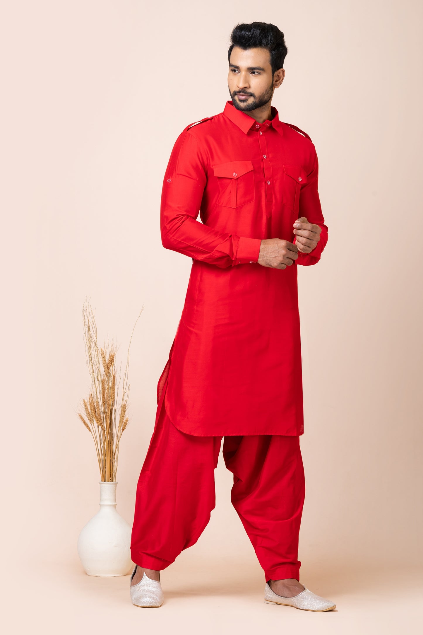 Handsome Red Color Viscose Pathani Kurta Pajama for Men