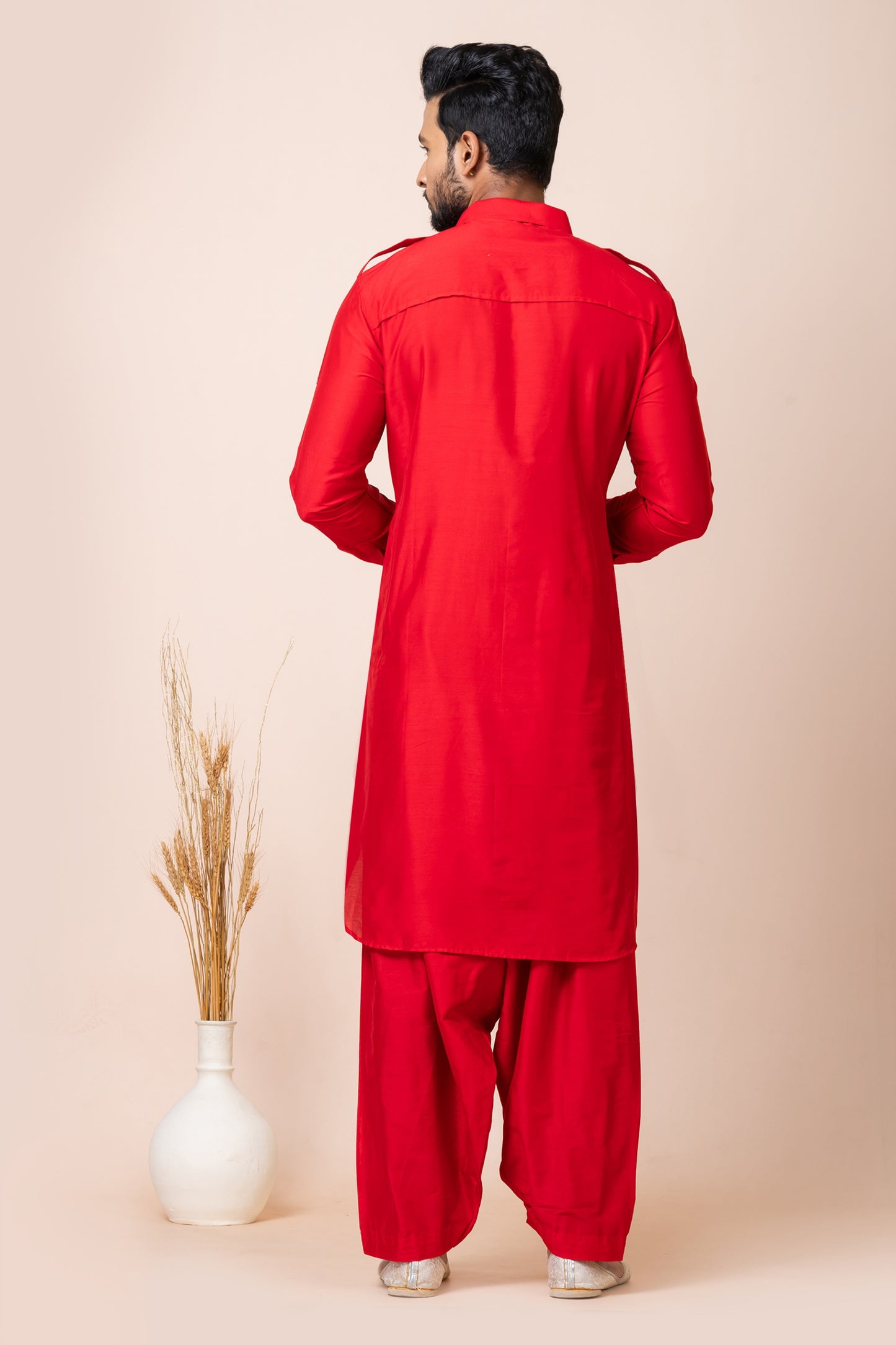 Handsome Red Color Viscose Pathani Kurta Pajama for Men