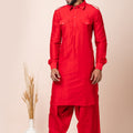 Handsome Red Color Viscose Pathani Kurta Pajama for Men