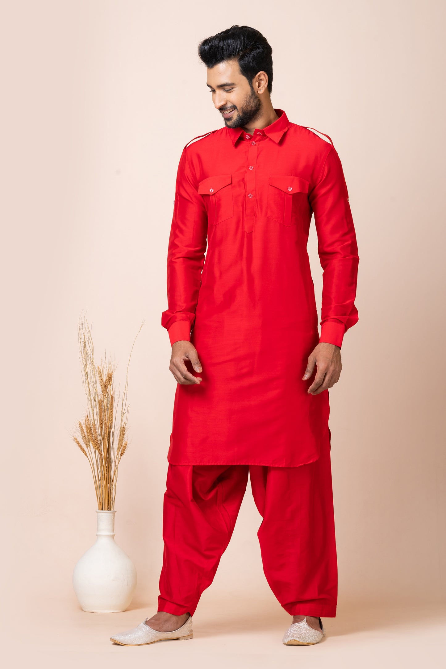 Handsome Red Color Viscose Pathani Kurta Pajama for Men