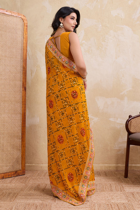 Mustard Yellow Printed Saree Traditional Motif Design Decorative Border