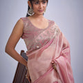 Peach Pink Tissue Silk Saree with Zari Embroidery Designer Blouse