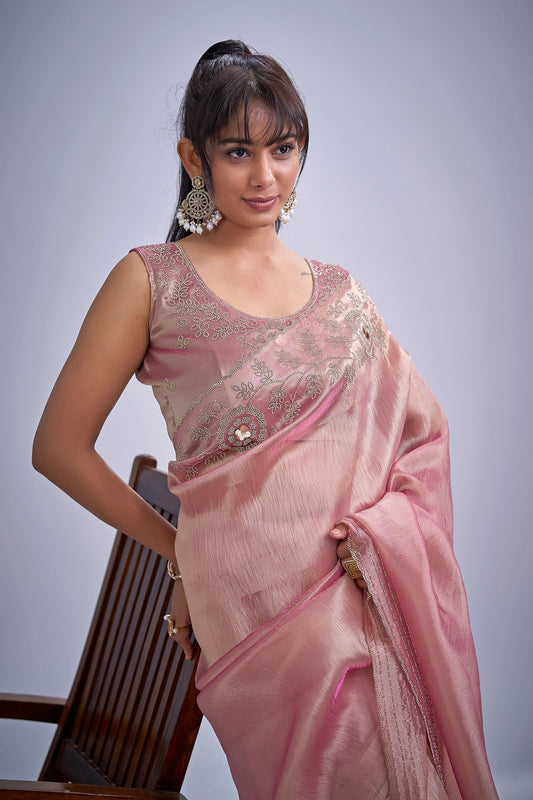 Peach Pink Tissue Silk Saree with Zari Embroidery Designer Blouse