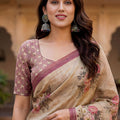 Elegant Beige Floral Printed Linen Silk Saree with Mauve Border