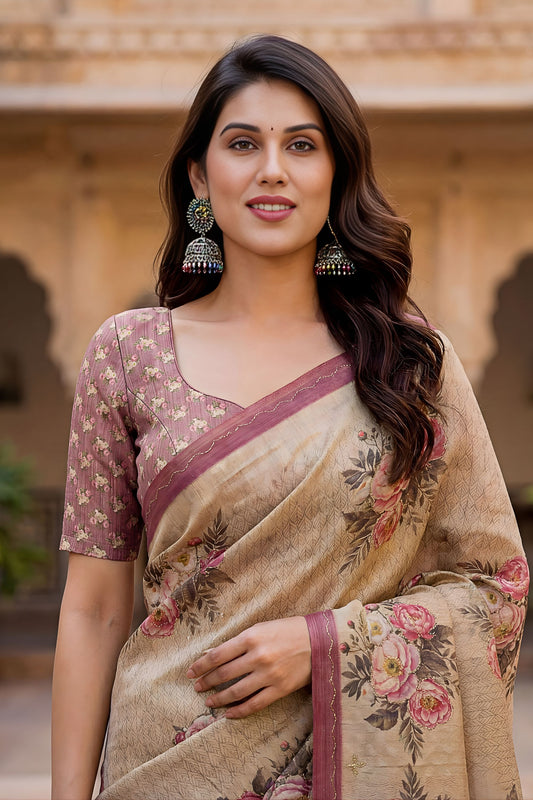 Elegant Beige Floral Printed Linen Silk Saree with Mauve Border