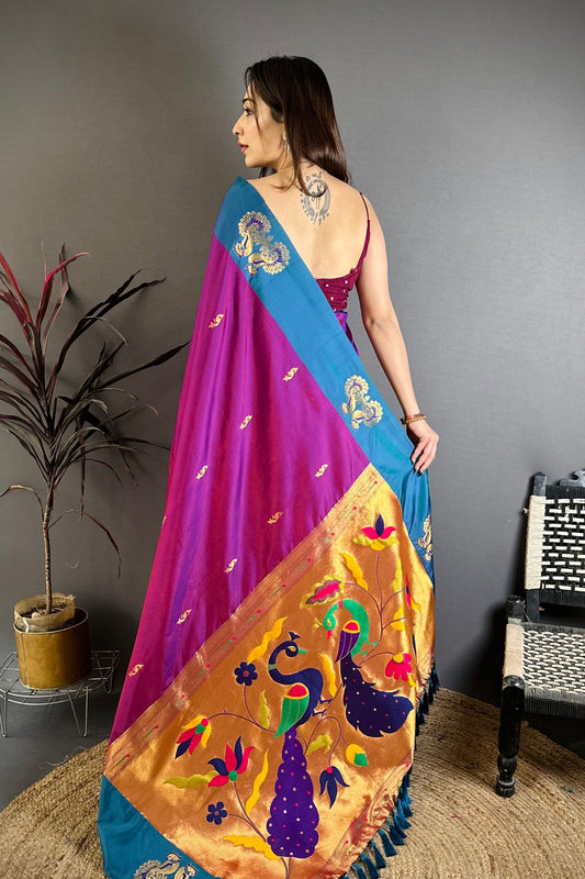 Magenta Teal Blue Soft Silk Paithani Saree Peacock Designer Pallu