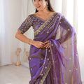 Luxury Purple Organza Silk Saree Golden Thread Work Embroidery Blouse