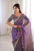 Luxury Purple Organza Silk Saree Golden Thread Work Embroidery Blouse