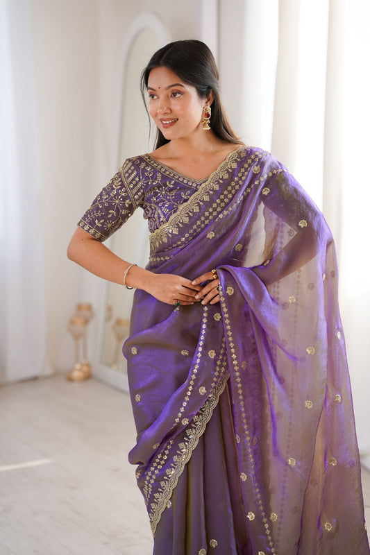 Luxury Purple Organza Silk Saree Golden Thread Work Embroidery Blouse