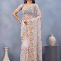 Elegant Grey Floral Embroidered Net Saree with Designer Border