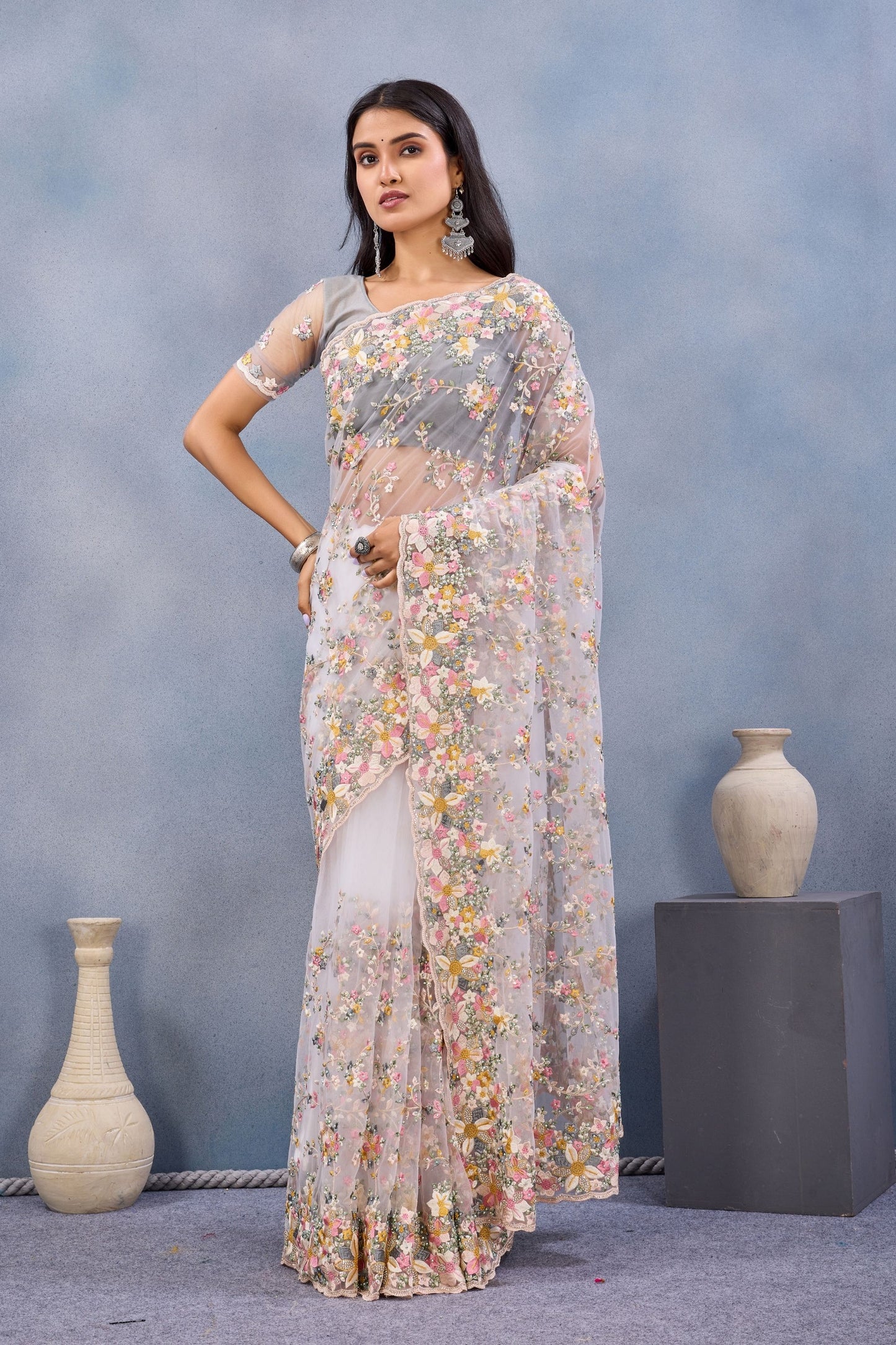 Elegant Grey Floral Embroidered Net Saree with Designer Border